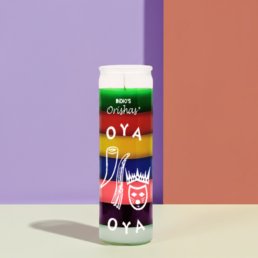 OYA--ORISHAS Seven Color devotional candle glass candle for prayer, ceremonial practice, and orisha altar rituals.