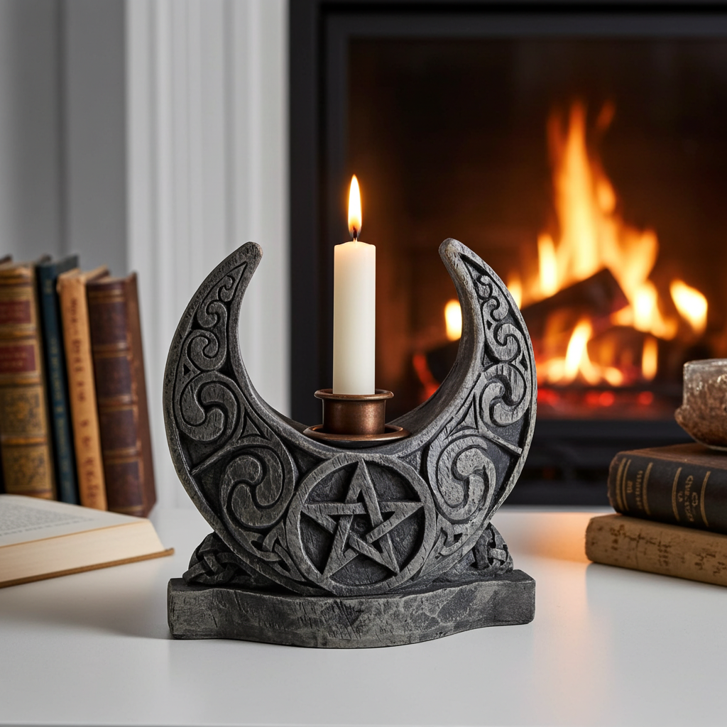 Pagan Pentacle Moon candle holder for ritual candle display, spiritual ceremonies, and everyday altar decoration.