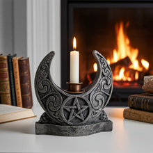 Pagan Pentacle Moon candle holder for ritual candle display, spiritual ceremonies, and everyday altar decoration.