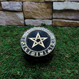Pagan pentacle trinket box for storing crystals, amulets, and ceremonial keepsakes.