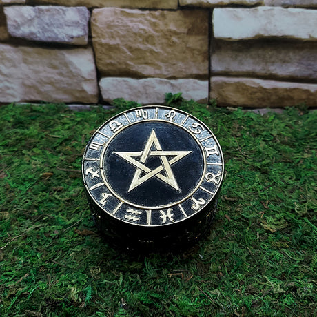Pagan pentacle trinket box for storing crystals, amulets, and ceremonial keepsakes.