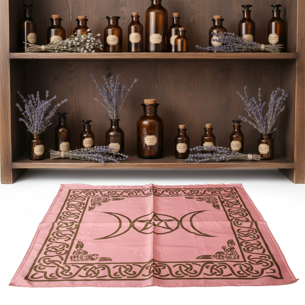 Pagan Triple Moon Pentacle altar cloth for altar covering, moon ritual use, and spiritual ceremonies.