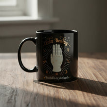 Palm Reading Tarot Card mug 11 ounces front view for coffee, tea, and everyday divination-themed drinkware.