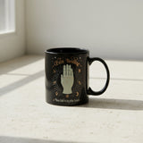 Palm Reading Tarot Card mug 11 ounces side view showing printed palmistry design.