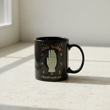 Palm Reading Tarot Card mug 11 ounces side view showing printed palmistry design.