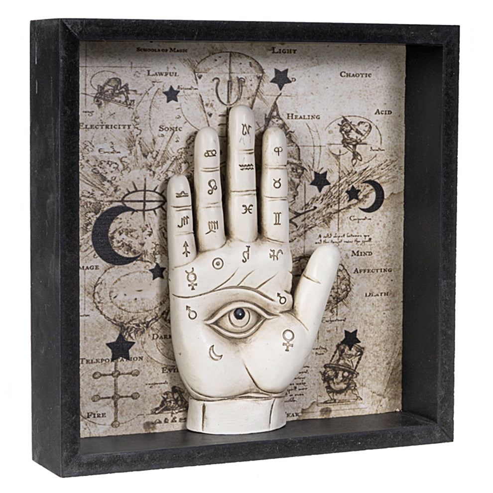 Palmistry wall plaque shown at an angle, decorative wall art for fortune-telling themed spaces.