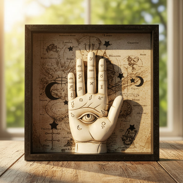 Palmistry wall plaque front view, decorative wall art for divination-themed decor.