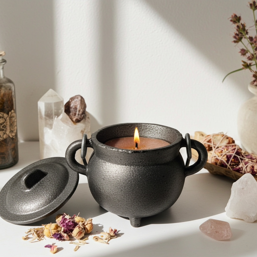 Palo Santo cauldron candle in cast iron holder for spiritual cleansing, blessing, and ceremonial practice.