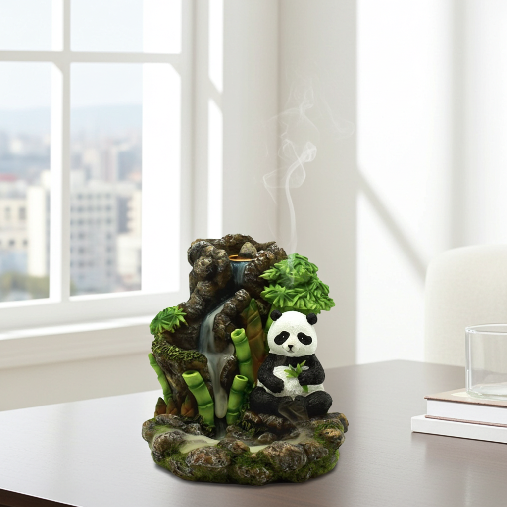 Panda Oasis ceramic backflow incense cone burner for home fragrance, relaxation, and decorative aromatherapy use.