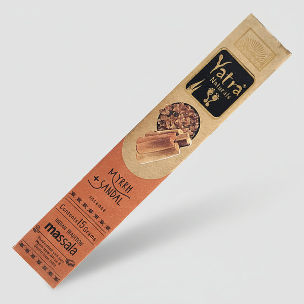 Parimal Yatra Myrrh and Sandal Natural Incense Sticks charcoal-free for meditation, prayer, and spiritual rituals.