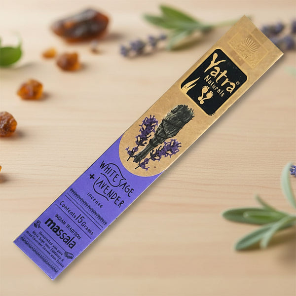 Parimal Yatra White Sage and Lavender Natural Incense Sticks charcoal-free for meditation, cleansing, and relaxation.