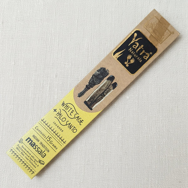 Parimal Yatra White Sage and Palo Santo Natural Incense Sticks charcoal-free for meditation, cleansing, and relaxation.