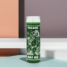 Pay Me green prayer candle in tall glass for prosperity petitions, money attraction, and devotional use.