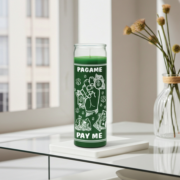 Pay Me green 1 color 7 day candle in glass jar for money drawing prayers, prosperity rituals, and altar use.