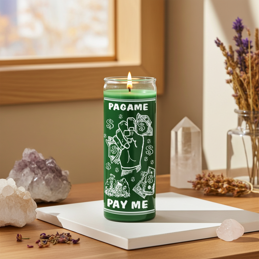 Pay Me green 7 day candle jar for financial blessing work, abundance prayer, and spiritual ritual use.