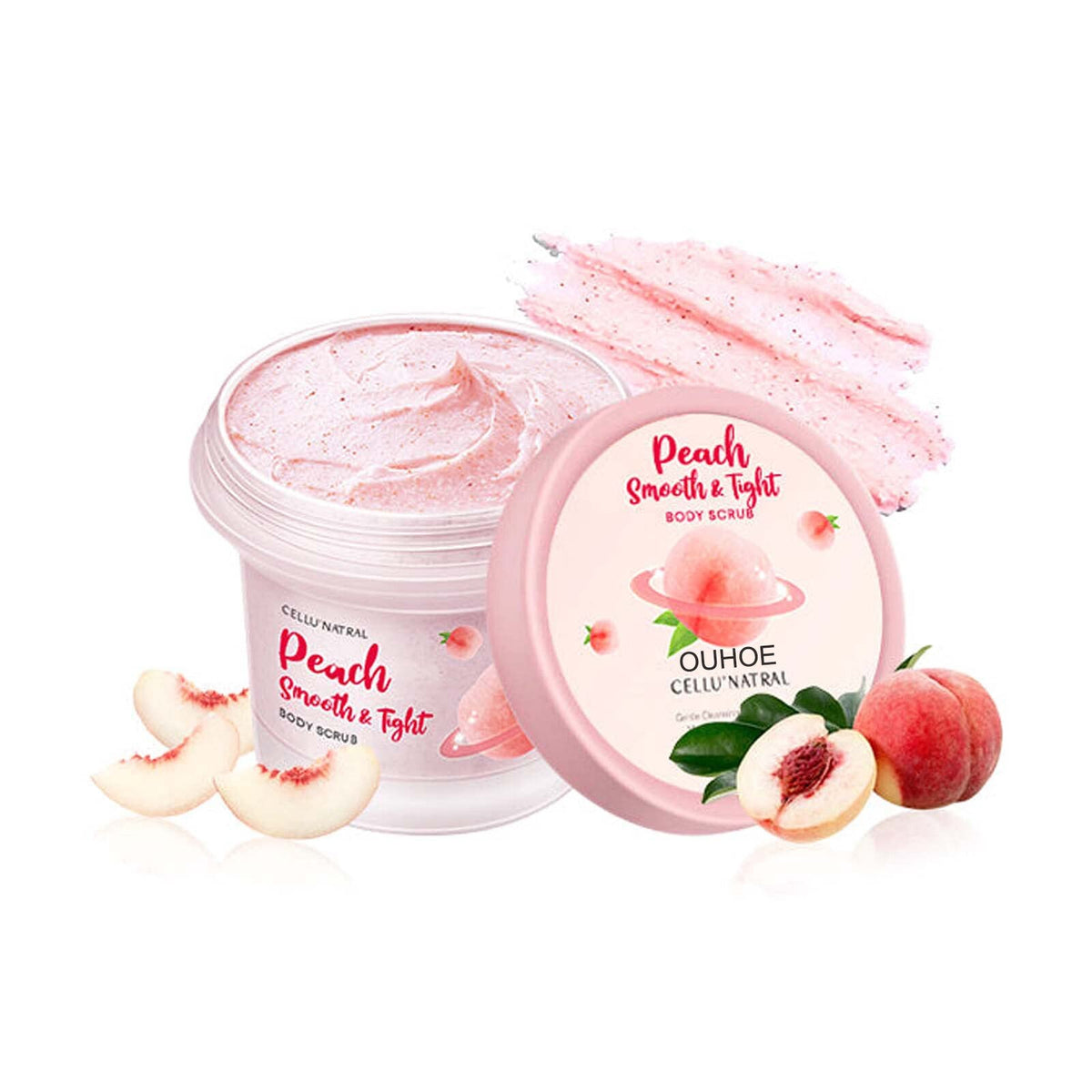 Peach Body Whitening Scrub jar with peach and walnut shell exfoliating ingredients for radiant skin.