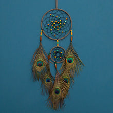 Peacock Feather Vintage Dream Catcher wall hanging for bedroom decor, dream protection, and calming sleep space design.