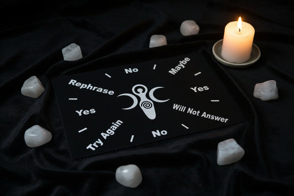 Pendulum mat with Goddess design for dowsing, divination practice, and pendulum readings.