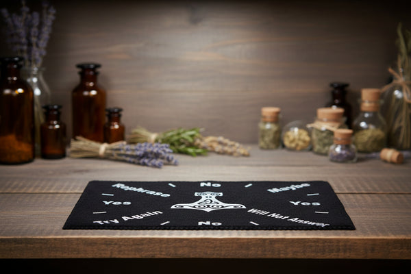 Pendulum mat with Hammer of Thor design for dowsing, divination practice, and pendulum readings.