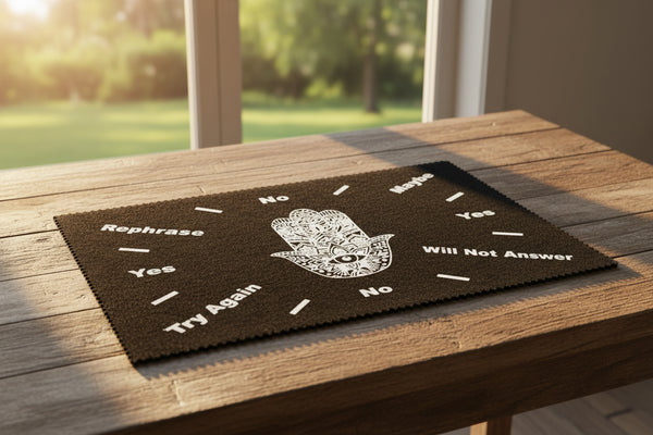Pendulum mat with Hand of Compassion design for dowsing, divination practice, and pendulum readings.