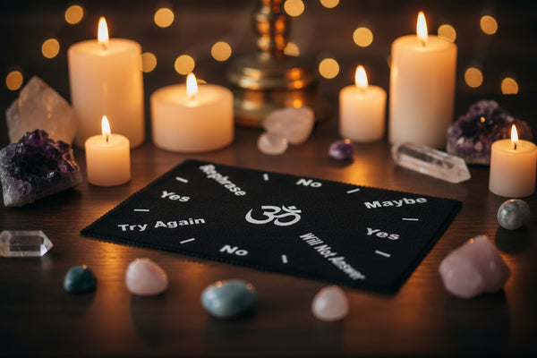 Pendulum mat with Om symbol design for dowsing, divination practice, and pendulum readings.