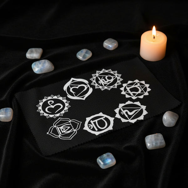 Pendulum mat with seven chakras design for dowsing, divination practice, and pendulum readings.