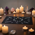 Pendulum mat with zodiac design for dowsing, divination practice, and pendulum readings.