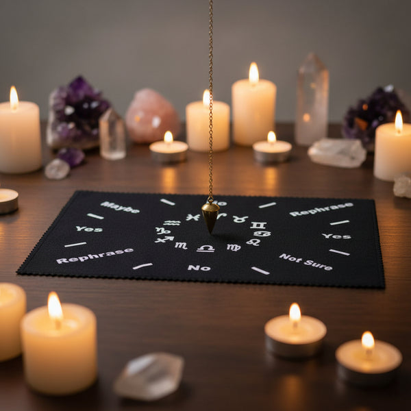 Pendulum mat with zodiac design for dowsing, divination practice, and pendulum readings.