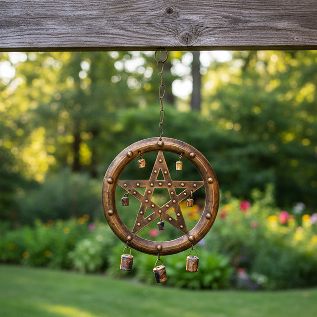 Pentacle brass windchime 18.5 inches for hanging outdoor decor, porch styling, and altar space ambiance.