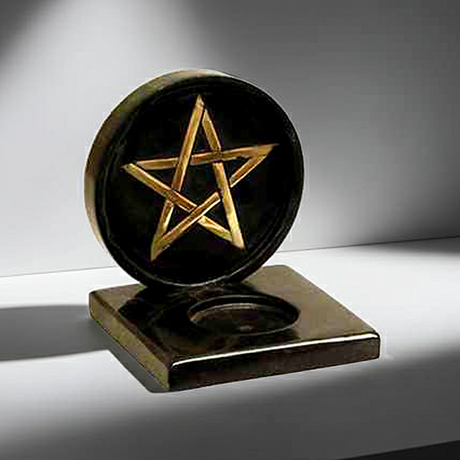 Pentacle candle holder altar decor piece for holding ritual candles during spiritual practice and sacred space setup.