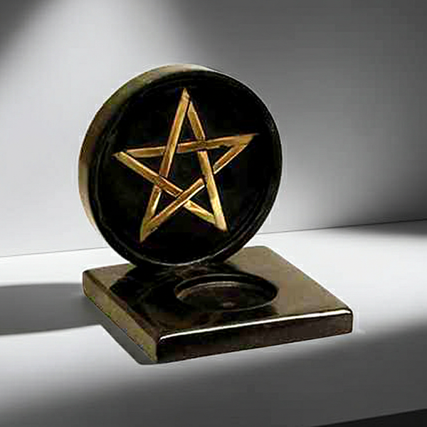 Pentacle candle holder altar decor piece for holding ritual candles during spiritual practice and sacred space setup.