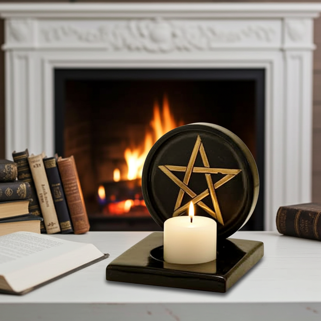 Pentacle candle holder for ritual use, designed to support candle burning for altar work, meditation, and ceremonial practice.