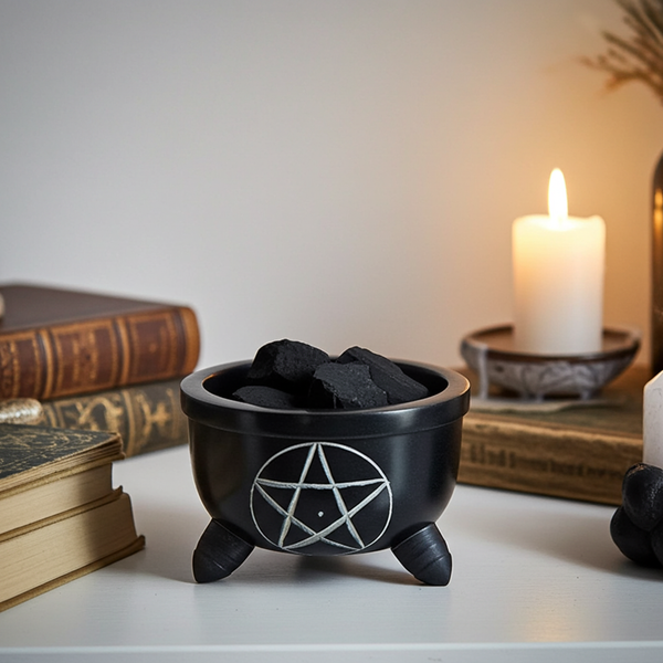 Pentacle Carved Charcoal Burner metal incense burner for burning charcoal discs with resin incense, herbs, and ritual blends.