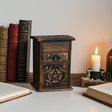 Pentacle Carved Wooden Herb Chest wooden storage box for organizing dried herbs, ritual tools, and altar supplies.