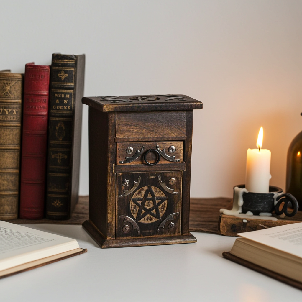 Pentacle Carved Wooden Herb Chest wooden storage box for organizing dried herbs, ritual tools, and altar supplies.