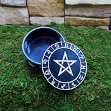 Pentacle engraved trinket box for organizing rings, charms, and altar accessories.