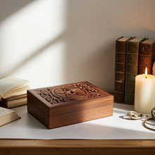 Pentacle Flower Carved Wooden Box wooden storage box for holding jewelry, herbs, crystals, and ritual supplies.