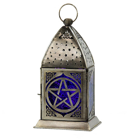 Pentacle glass and metal lantern for candle display, altar decor, and ambient lighting.