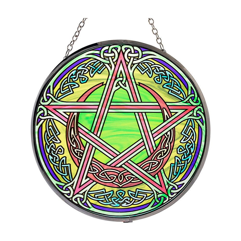 Pentacle glass suncatcher for window display, light-catching decor, and altar room styling.