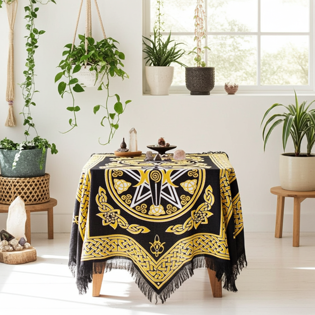 Pentacle Goddess altar cloth textile altar covering for pagan rituals, devotional practice, and ceremonial altar setup.