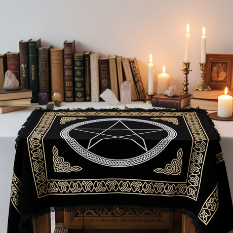 Pentacle Gold and Silver Altar Cloth altar cloth for ritual altar setup, spiritual ceremonies, and sacred space decoration.