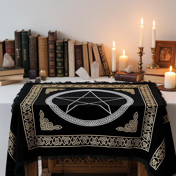 Pentacle Gold and Silver Altar Cloth altar cloth for ritual altar setup, spiritual ceremonies, and sacred space decoration.