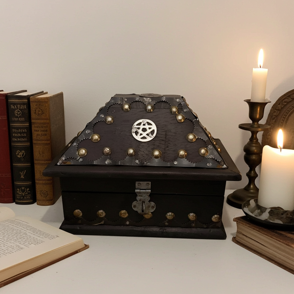 Pentacle Inlaid Black Wood Chest wooden storage box for altar organization, ritual tools, and sacred item storage.