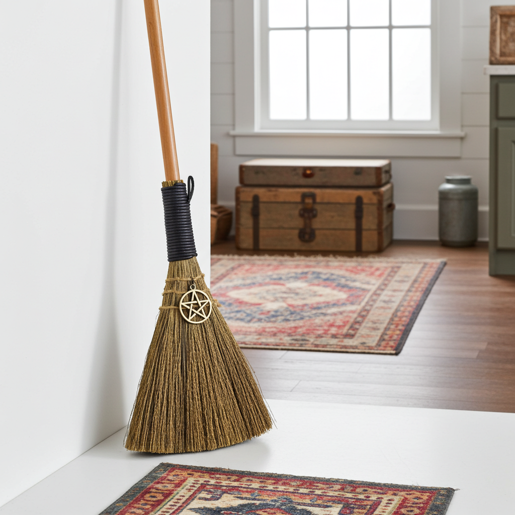 Pentacle Mini Besom ritual broom for energy cleansing, altar use, and witchcraft practice.
