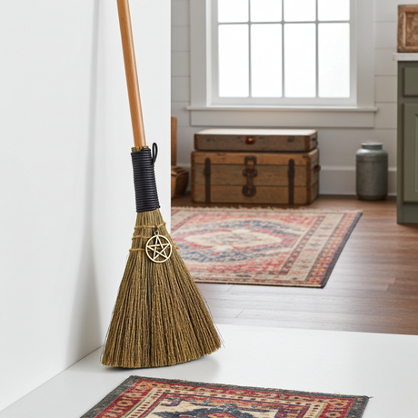 Pentacle Mini Besom ritual broom for energy cleansing, altar use, and witchcraft practice.