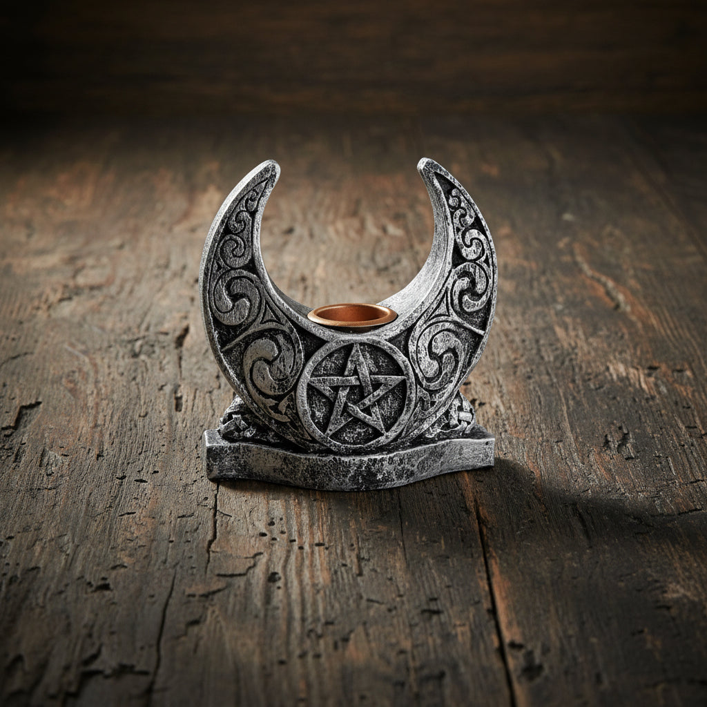 Pentacle Moon candle holder altar decor for holding ritual candles, spiritual practice, and moon-themed sacred space use.