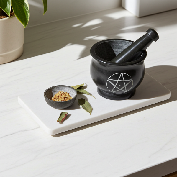 Black Pentacle mortar and pestle set for grinding herbs, resins, and incense for altar work and ritual use.