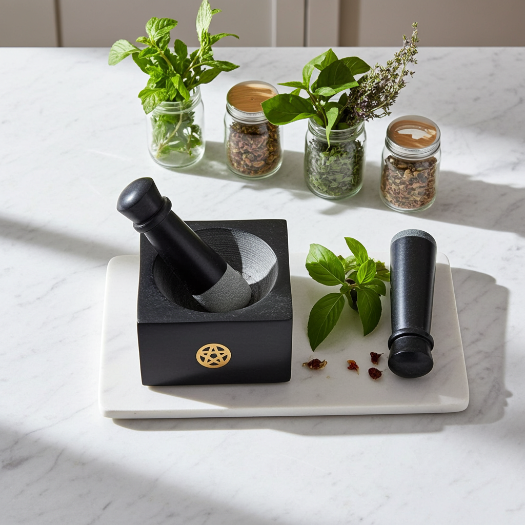 Pentacle Inlaid Mortar & Pestle carved mortar and pestle for crushing dried herbs, spices, and ceremonial blends.