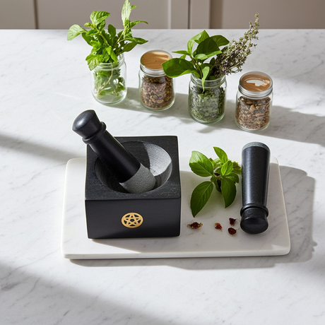 Pentacle Inlaid Mortar & Pestle carved mortar and pestle for crushing dried herbs, spices, and ceremonial blends.