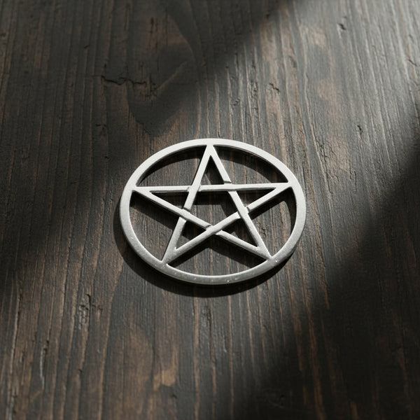 Pentacle silver tone altar tile for candle placement, ritual tool display, and altar decor.